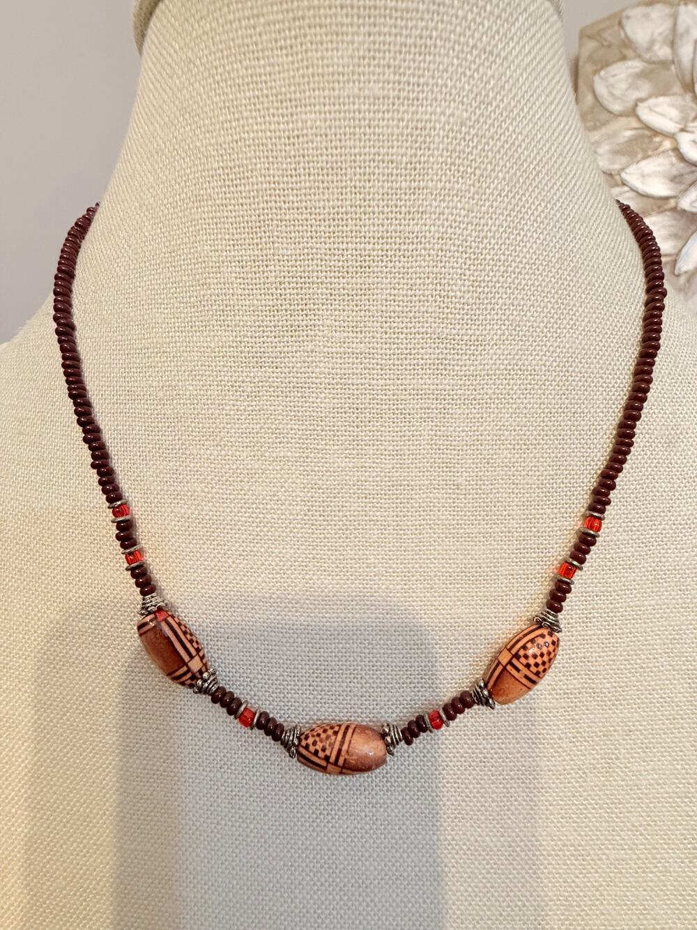 Vintage Brown Beaded Tribal Style Necklace 18”